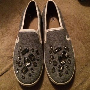 Bejeweled gray slip ons