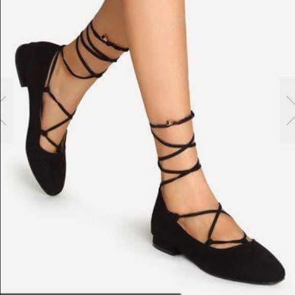 Black Faux Suede Lace Up Flats - Picture 1 of 4