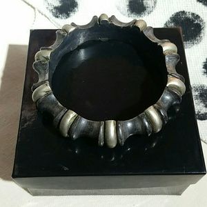 Black wooden and silver metal bracelet
