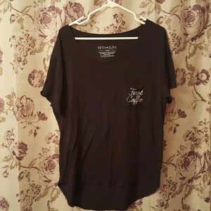 First, coffee Slouchy hi low tee.