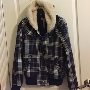 Blue plaid hooded quilted coat