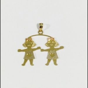 14k Tri Color Gold Two Baby Girls Charm Pendant