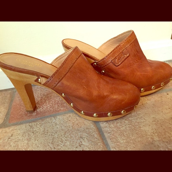 Coach leather and wood studded clogs