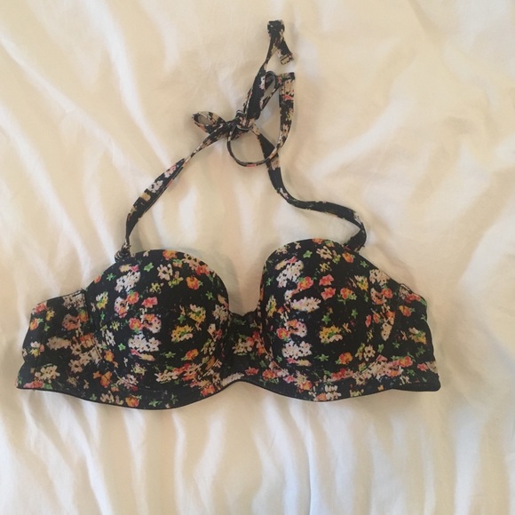 Black Floral Balconette Halter Bikini Top