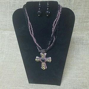 Black and mauve cross necklace and earrings set