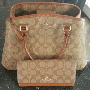 Brown Coach signature handbag with matching wallet