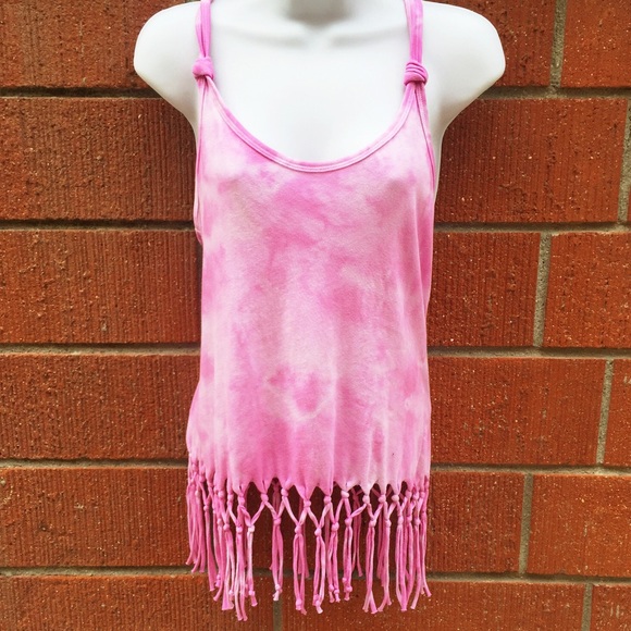 Customized pink & white Hollister fringe tank