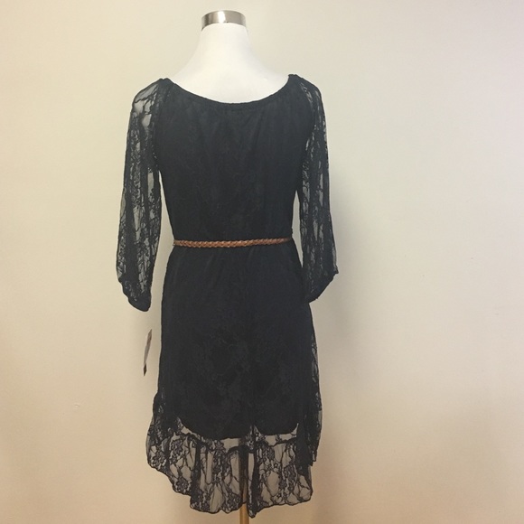 Navy Blue Lace dress w/ braided brown belt. - Picture 2 of 4