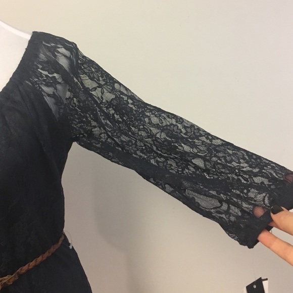 Navy Blue Lace dress w/ braided brown belt. - Picture 3 of 4