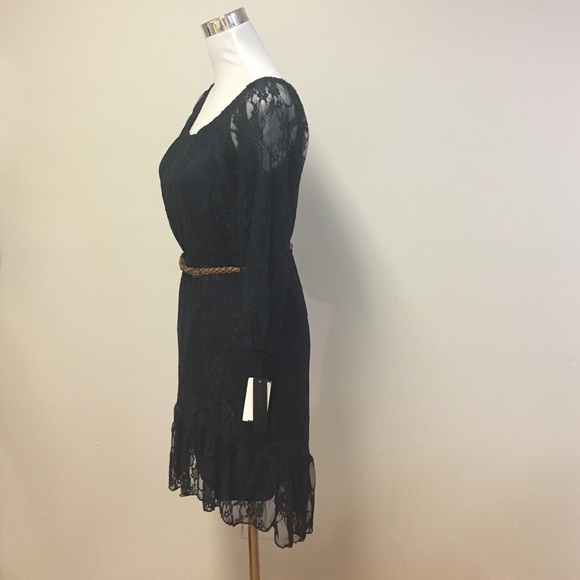 Navy Blue Lace dress w/ braided brown belt. - Picture 4 of 4