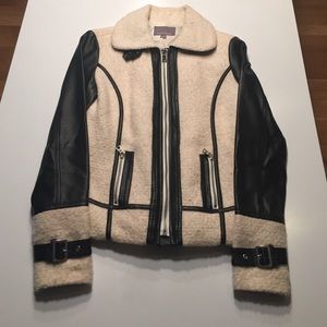 Fuzzy cream jacket w/ vegan leather sleeves