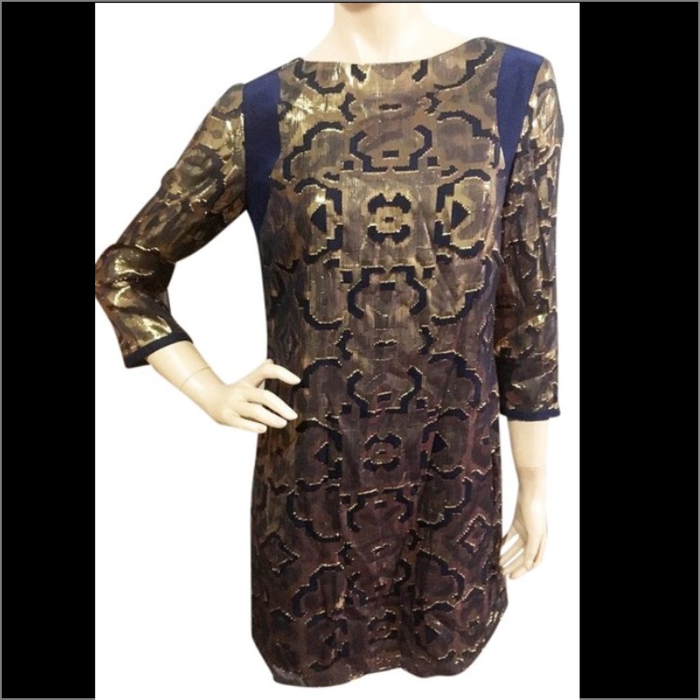 Alice & Trixie Gold Navy 100% Silk & Brocade Dress
