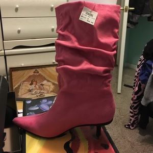Pink shirt heel slouchy knee boots