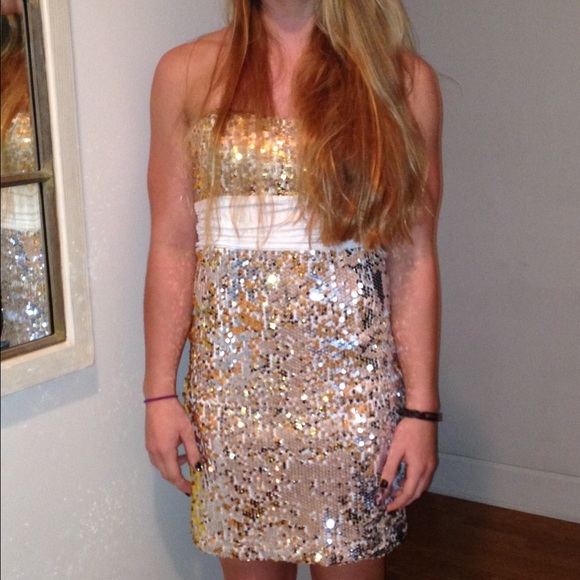 Gold and white strapless dress - Picture 1 of 4