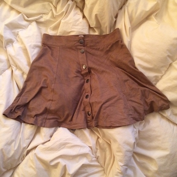 Button Front Suede Skirt Tan Brown