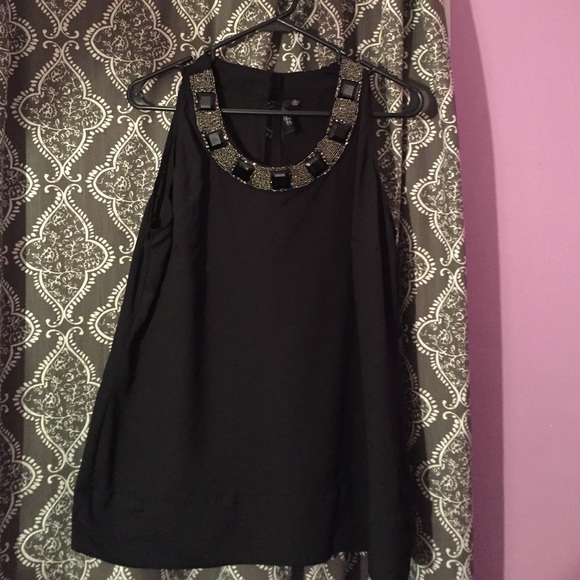 Jewel & Bead Neck Lined Black Blouse Tank