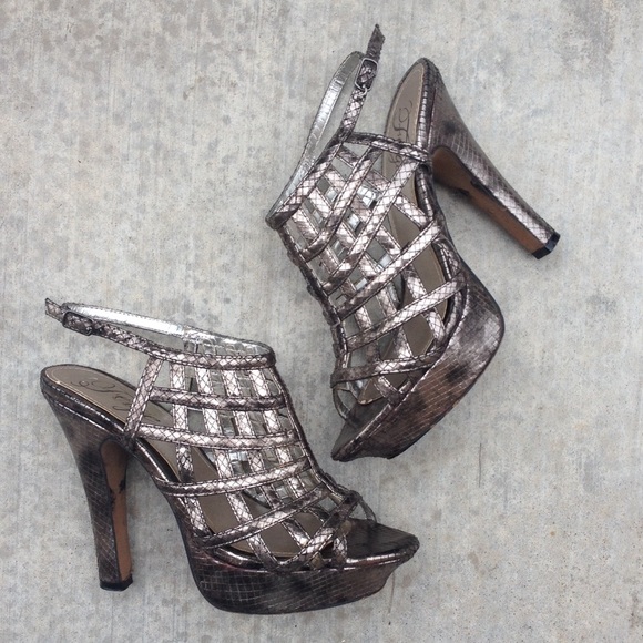 Fergie silver bronze caged heels