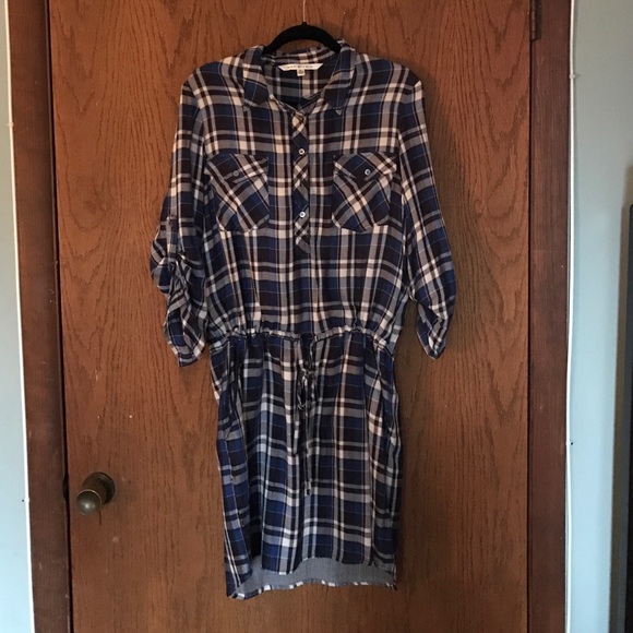 Blue flannel shirt dress with drawstring waist