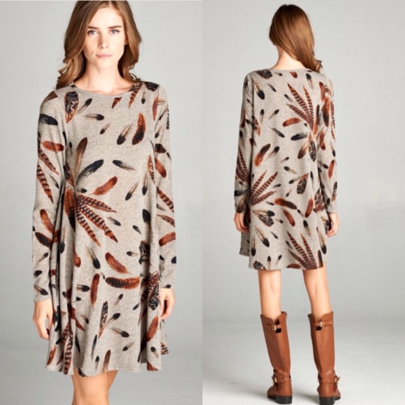 ❣️LAST-S❣️Chic Fall Feather Print Swing Dress - Picture 2 of 4