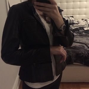 Black leather biker style jacket with details