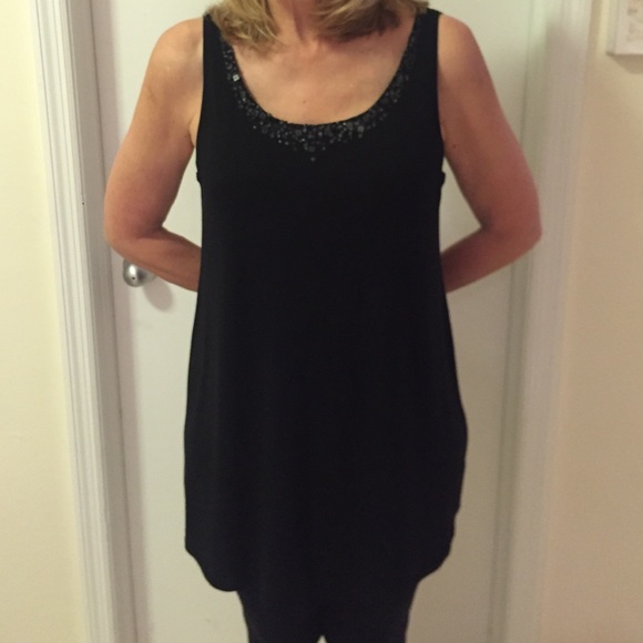 Eileen Fisher black, sequenced neck, silk tunic