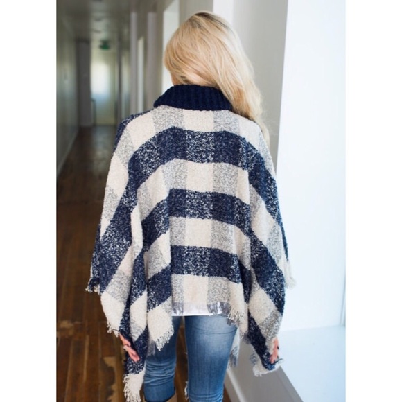 Navy Plaid Poncho - Picture 2 of 3
