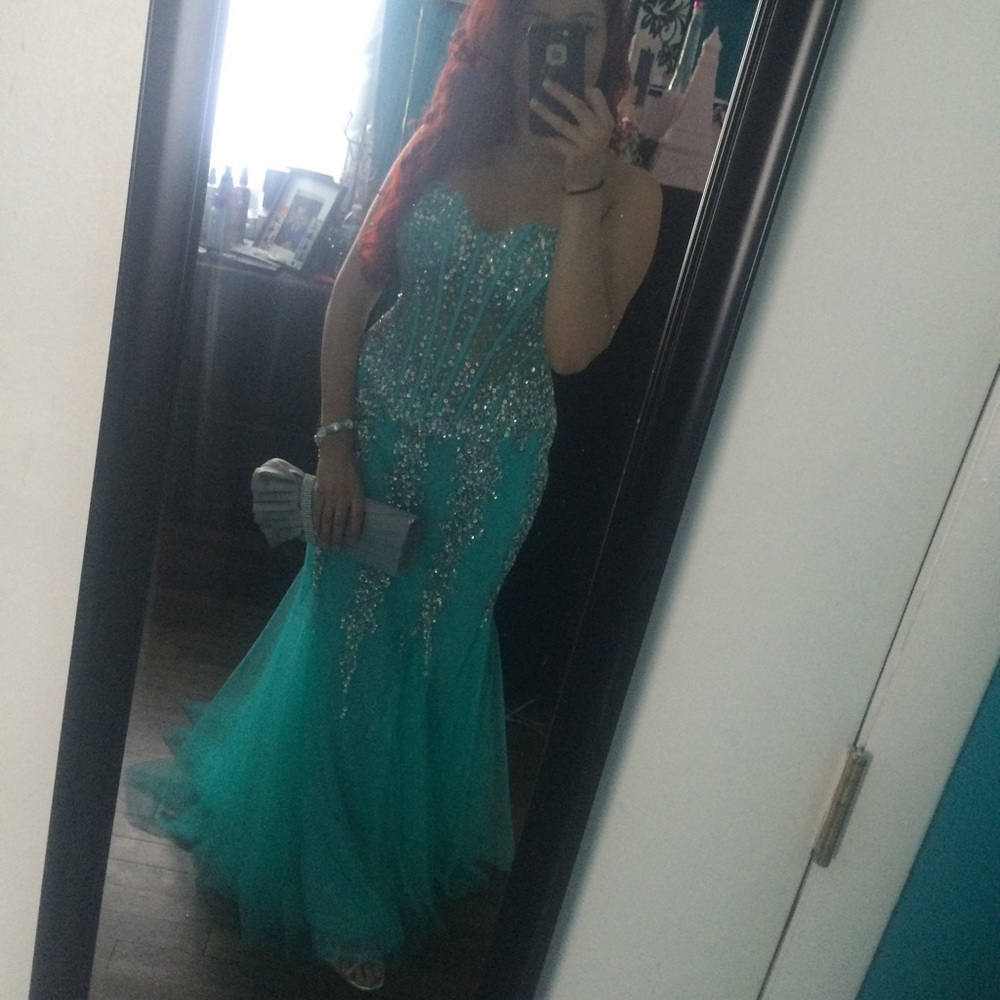 Jovani Teal Mermaid Dress Size 8 - Picture 5 of 7