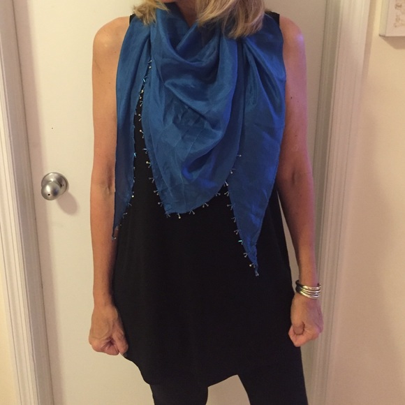 Eileen Fisher blue silk scarf with beads
