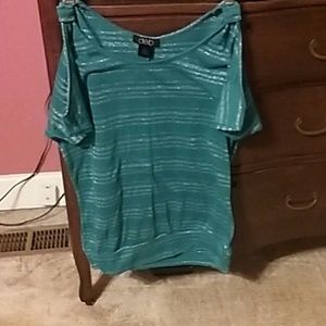 Cute turquoise open shoulder sweater shirt.