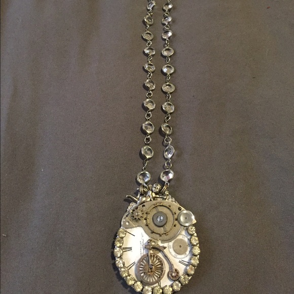 Vintage bicycle inspired clock necklace