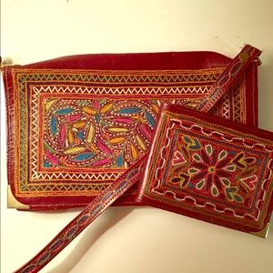 Vintage 1970's embroidered leather bag and wallet