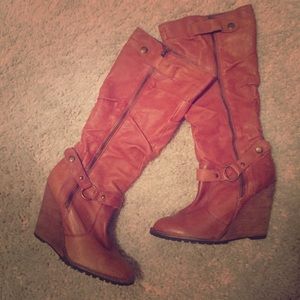 Genuine leather cognac wedge boots w/ side zipper