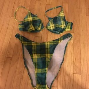 90s Cool Plaid Velour High waist & leg bikini set