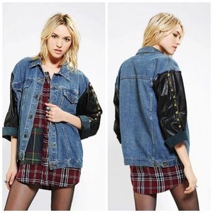 Rag Union denim jacket with leather sleeve+studs