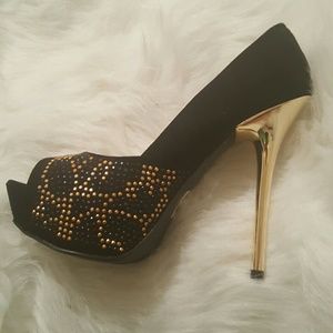 Black & Gold Studded Peep Toe Spike Heel