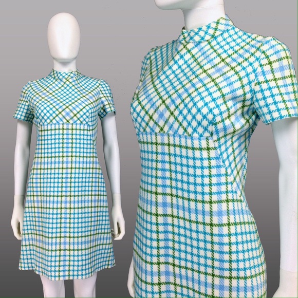 [SOLD]VINTAGE MOD MINI DRESS Check PLAID 60s TWIGG - Picture 2 of 4