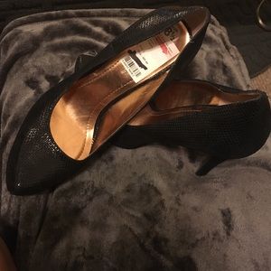 Snake embossed BCBG black heels