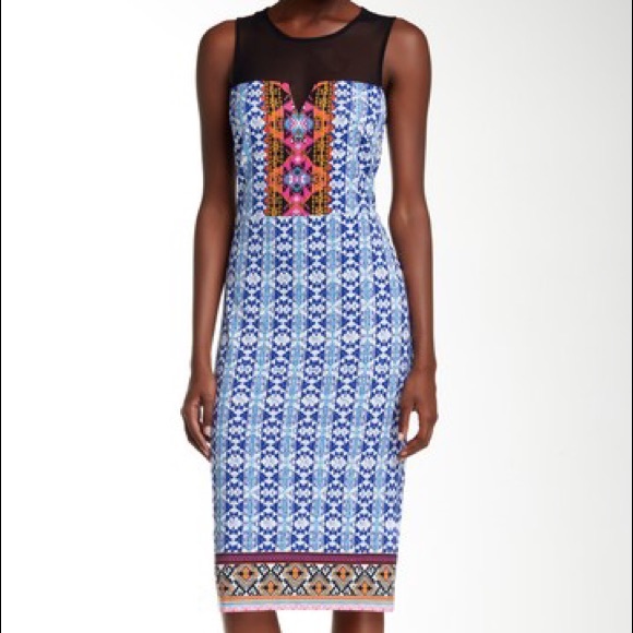 ECI Dresses & Skirts - Sleeveless Illusion Yoke Border Print Sheath Dress