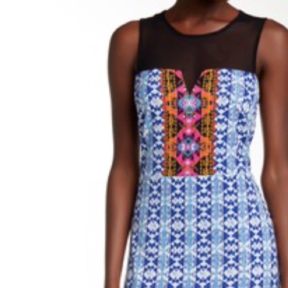 Sleeveless Illusion Yoke Border Print Sheath Dress - Picture 3 of 3