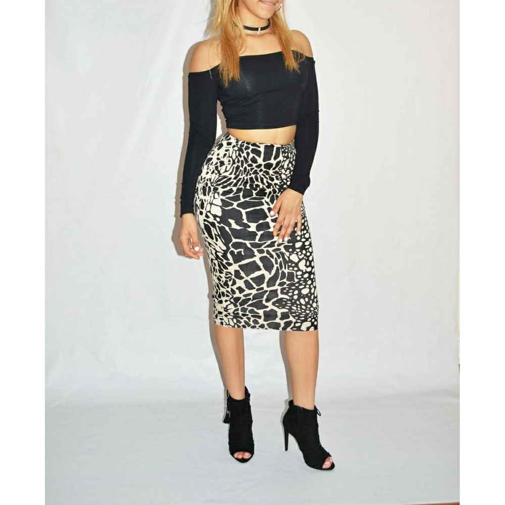Black and Ivory Pencil Midi Skirt