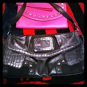 BLACK GUESS HANDBAG (used) Pink wristlet (new)