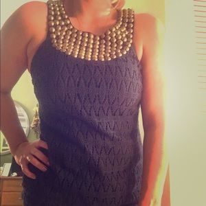 Trina Turk navy crochet tank with studded neck