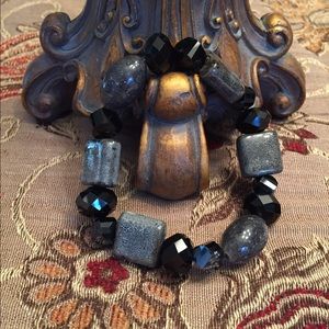 Black Faceted and Square//Oval Glass Bead Bracelet