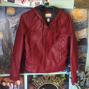 Red forever 21 hooded leather jacket worn once!