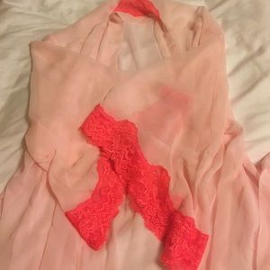 Sheer pink sexy robe with lace trim