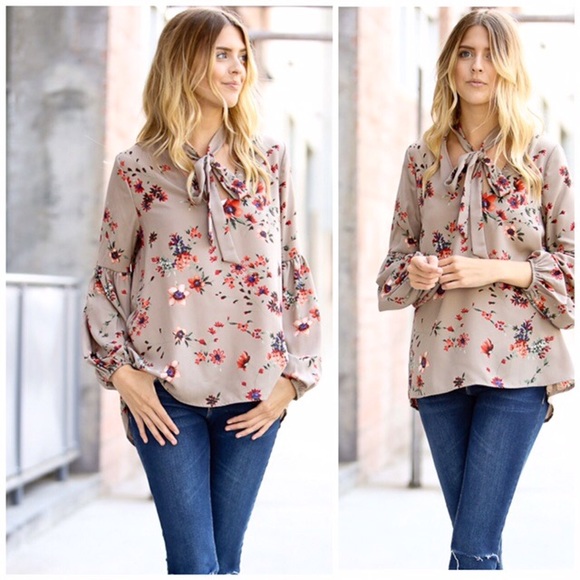 Floral Tie Neck Blouse - Picture 2 of 4