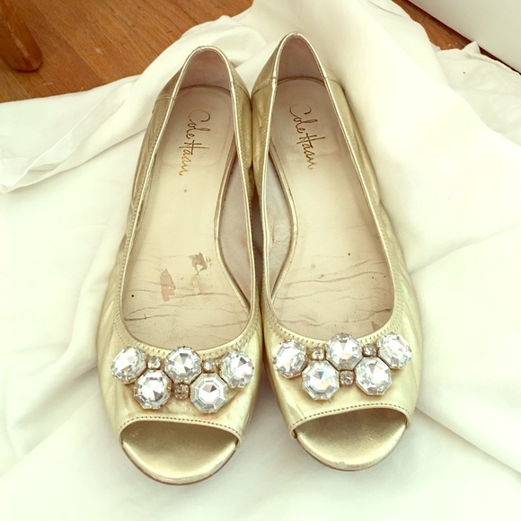 Gold Cole Haan Jeweled 💎 Peep Toe Flats