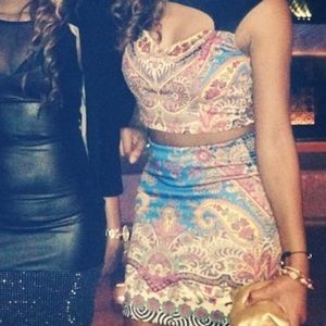Bebe 2 piece crop top and skirt. Multi print!