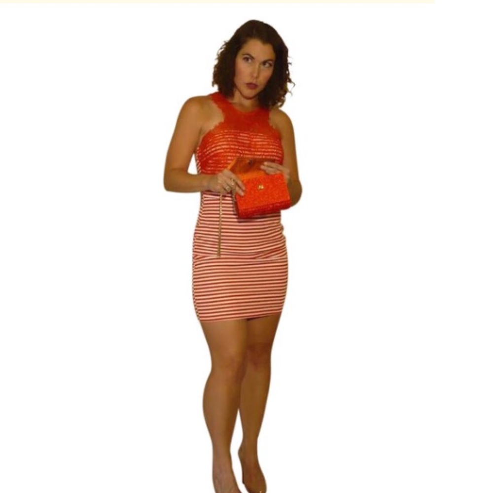 ❌SOLD OUT ❌ Orange & White Stripe Lace Mini Dress - Picture 6 of 7
