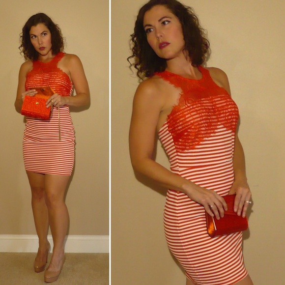 ❌SOLD OUT ❌ Orange & White Stripe Lace Mini Dress - Picture 7 of 7